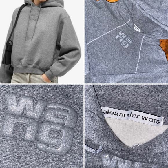 Alexander Wang $375 Womens Essential Puff Logo Terry Hoodie Glitter Gray LG EUC - Picture 1 of 13
